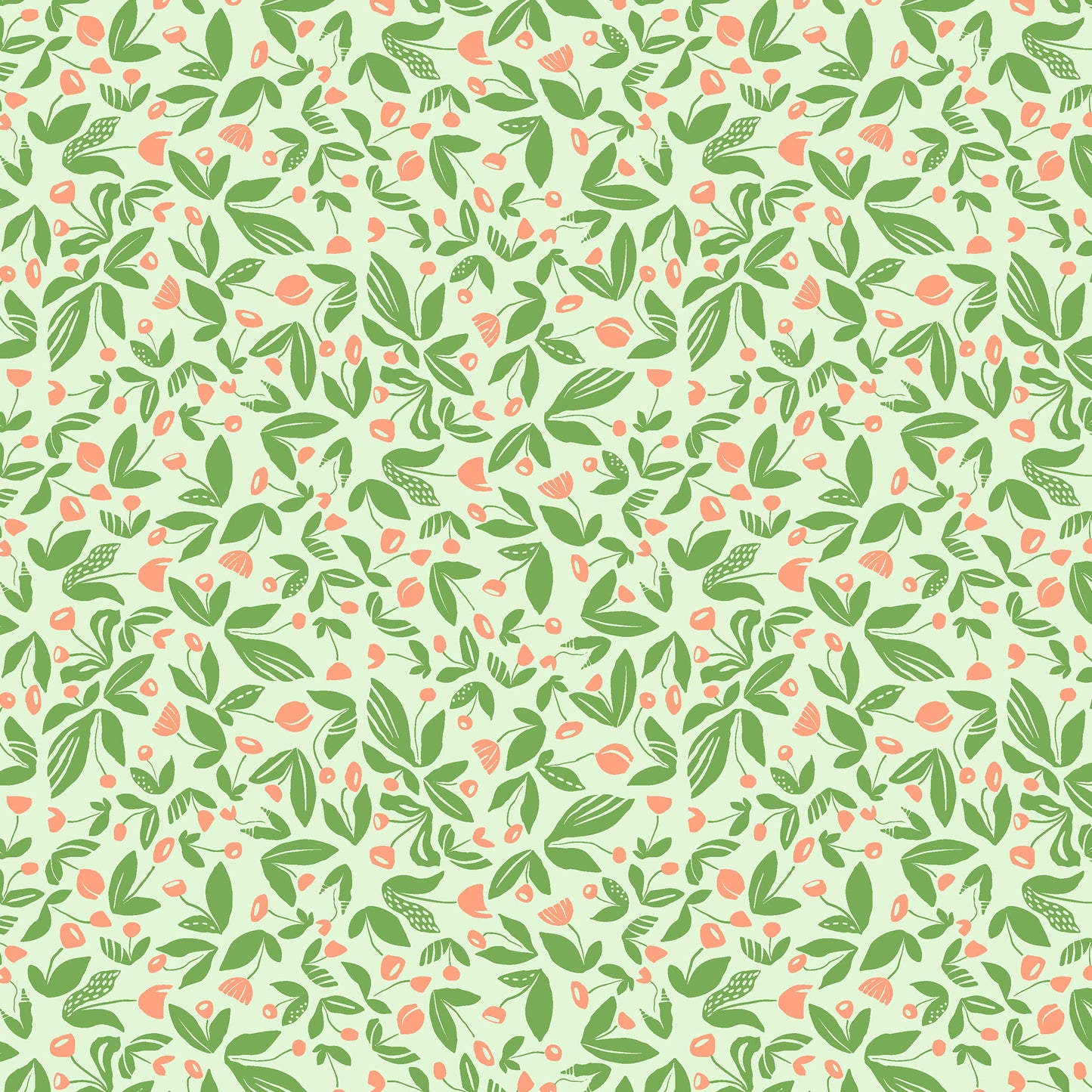 little illustrated flowers on stems with leaves in green and coral on a light blue-green ground, printed on fabric