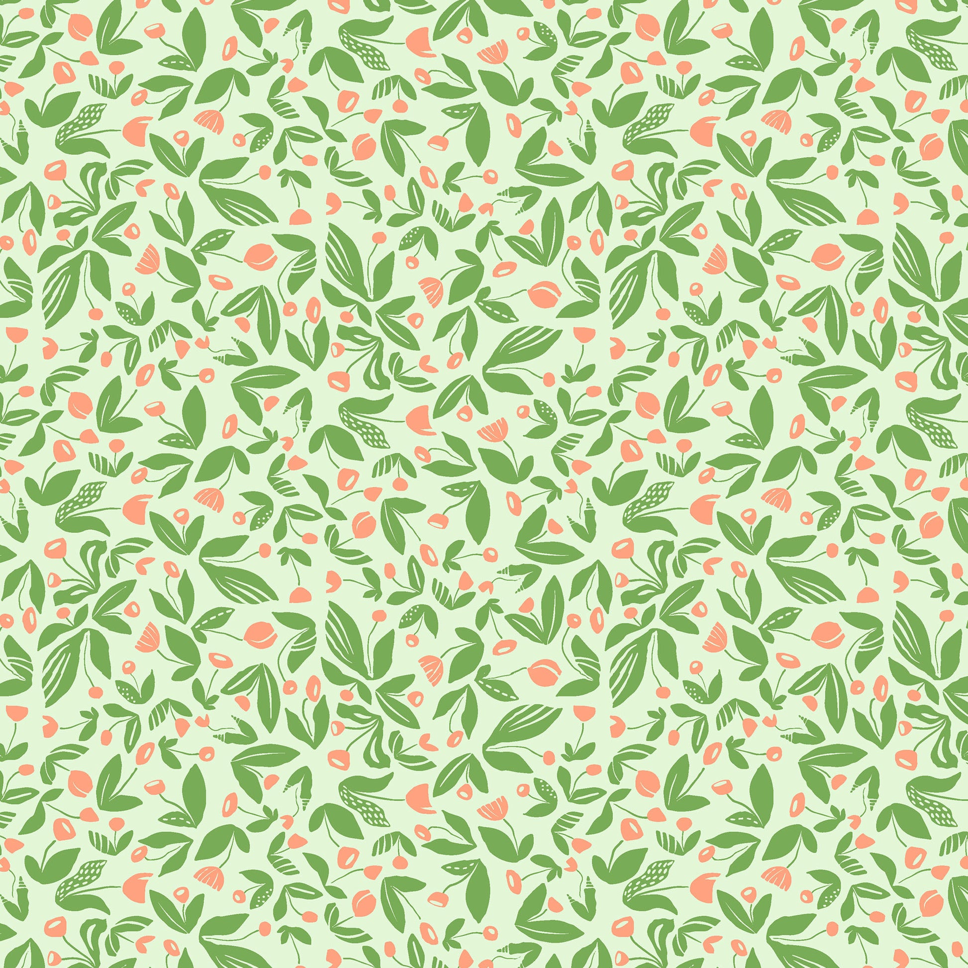 little illustrated flowers on stems with leaves in green and coral on a light blue-green ground, printed on fabric