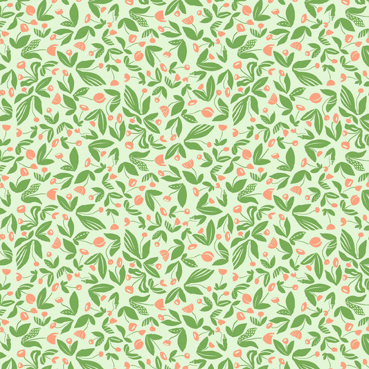 little illustrated flowers on stems with leaves in green and coral on a light blue-green ground, printed on fabric