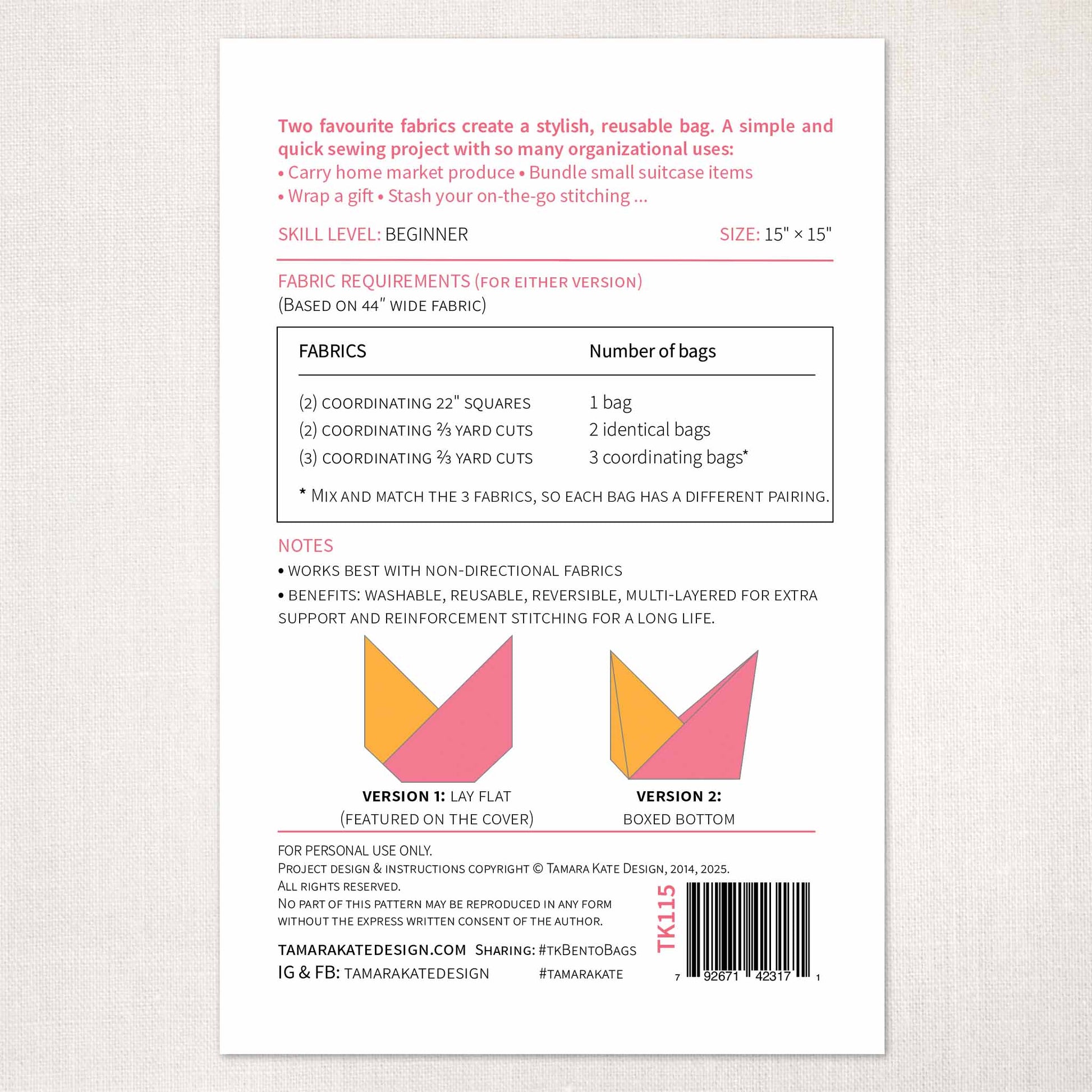 back of sewing pattern showing two versions of a bento bag and fabric requirements