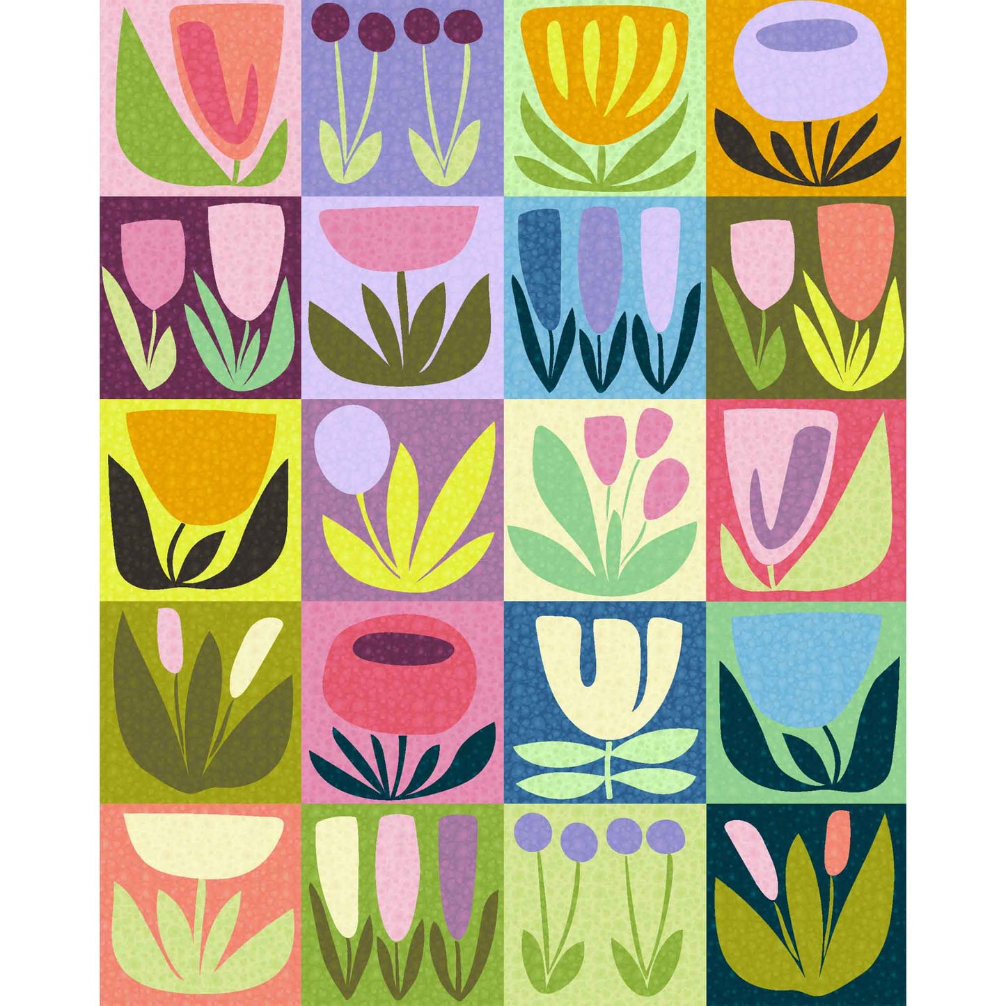 colourful quilt of square blocks with large modern flowers