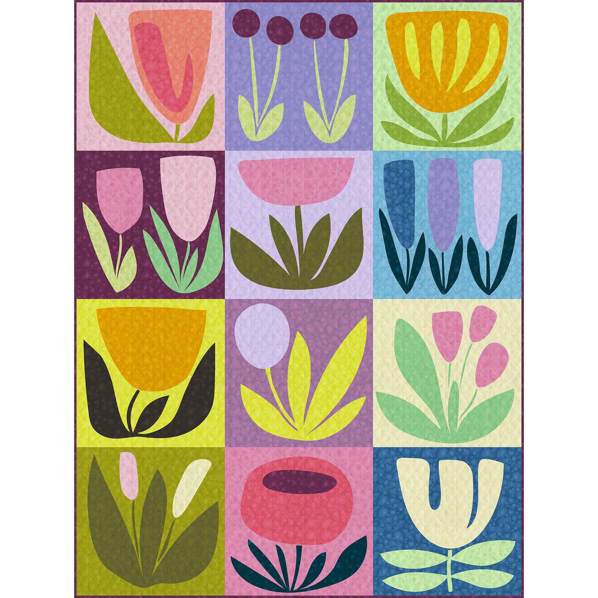 modern quilt of stylized colourful flowers on large blocks