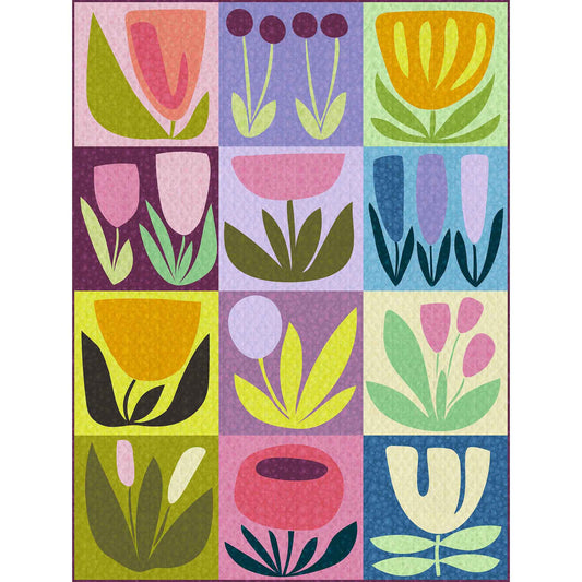 modern quilt of stylized colourful flowers on large blocks