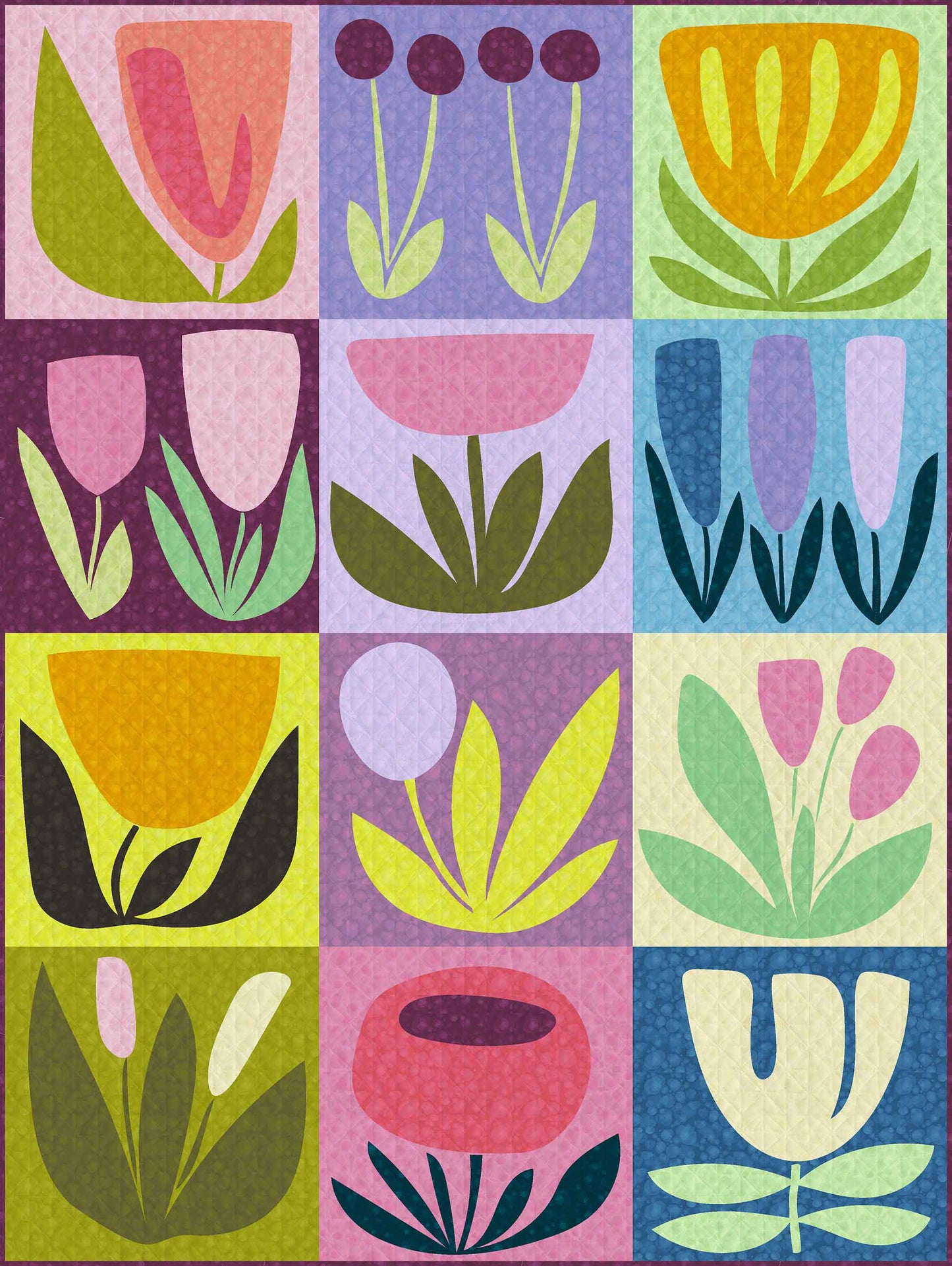 a 12-block appliqué quilt of bold illustrated flowers in blues, pinks, purples and greens
