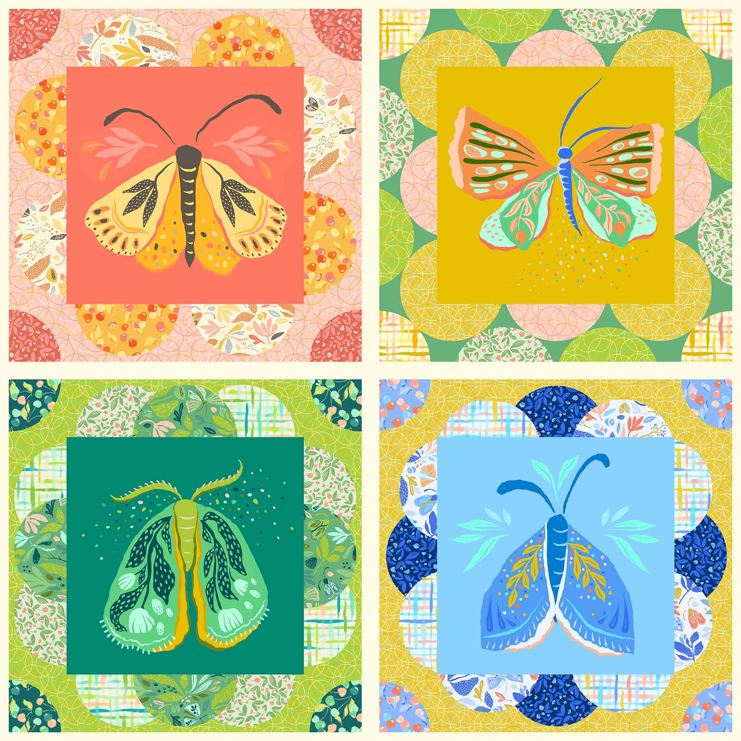 four large squares each featuring a bold, colourful butterfly in reds, greens, blues and yellows, printed on fabric