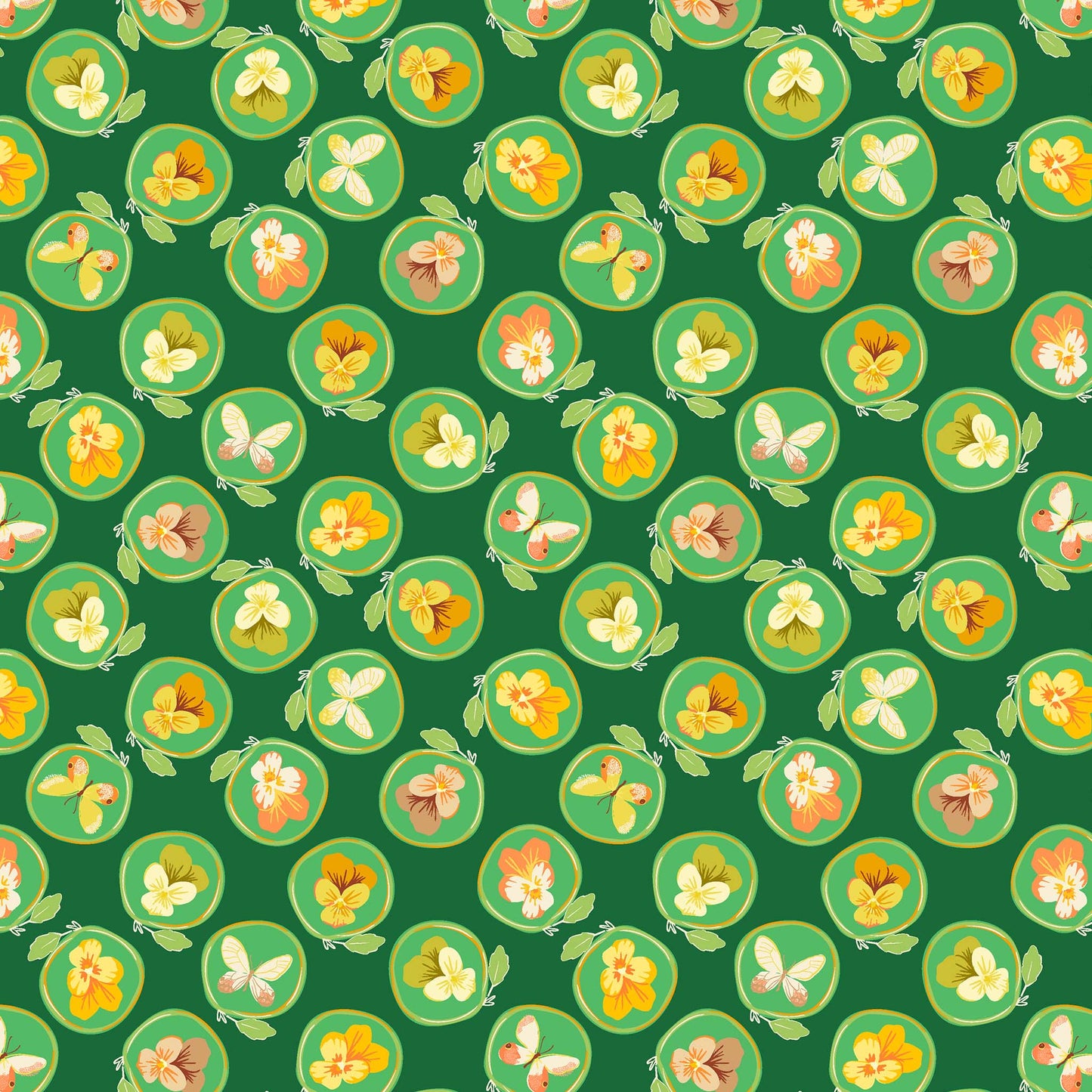 little illustrated pansies in yellows, cream and coral, each within a ring with a leaf on a dark green ground, printed on fabric