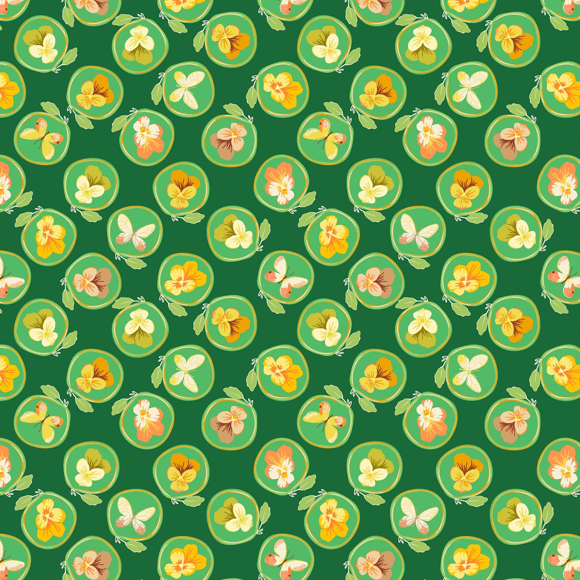 little illustrated pansies in yellows, cream and coral, each within a ring with a leaf on a dark green ground, printed on fabric