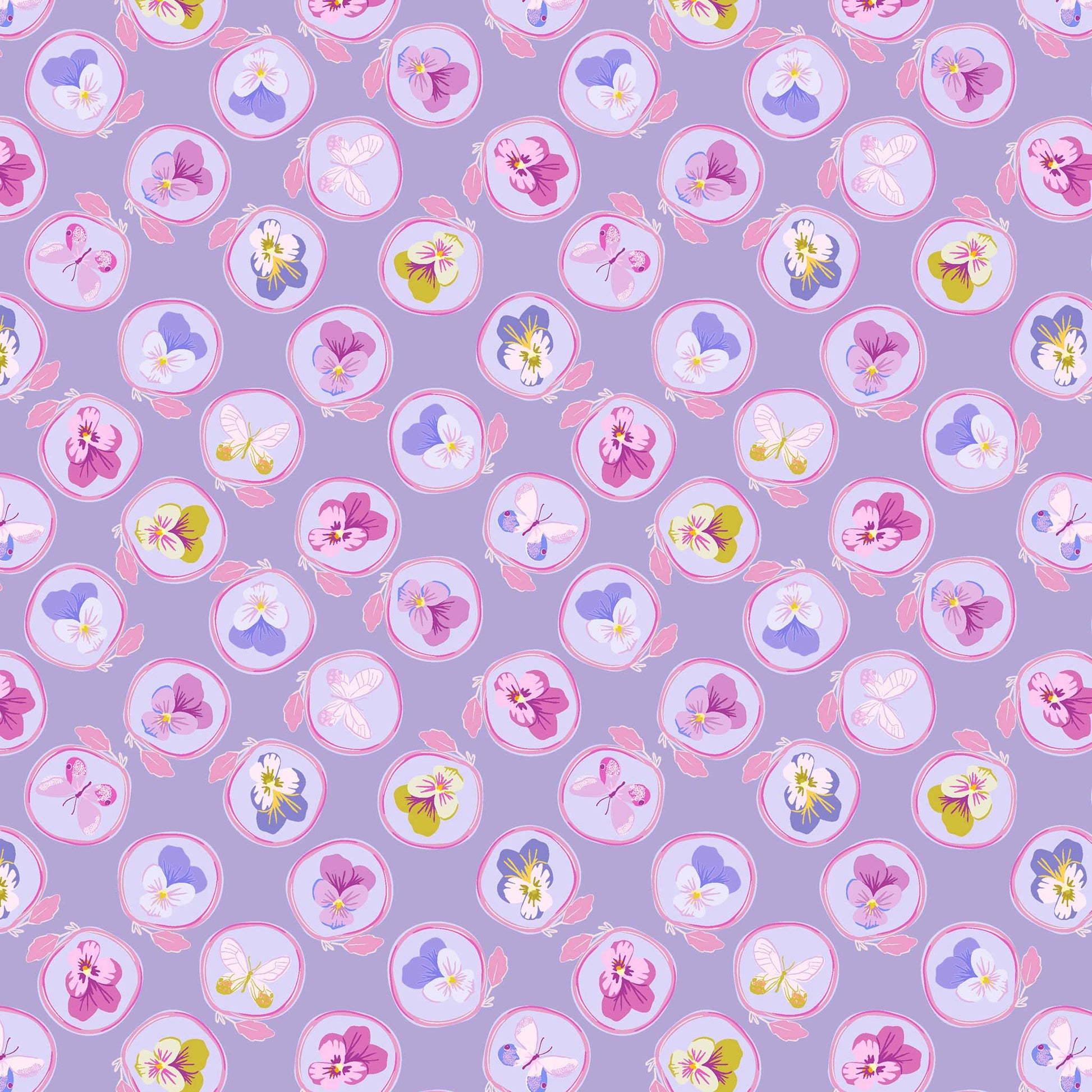 little illustrated pansies in violet, lavender and olive, each within a ring with a leaf on a medium-light purple ground, printed on fabric
