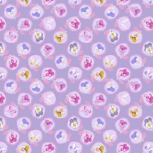 little illustrated pansies in violet, lavender and olive, each within a ring with a leaf on a medium-light purple ground, printed on fabric