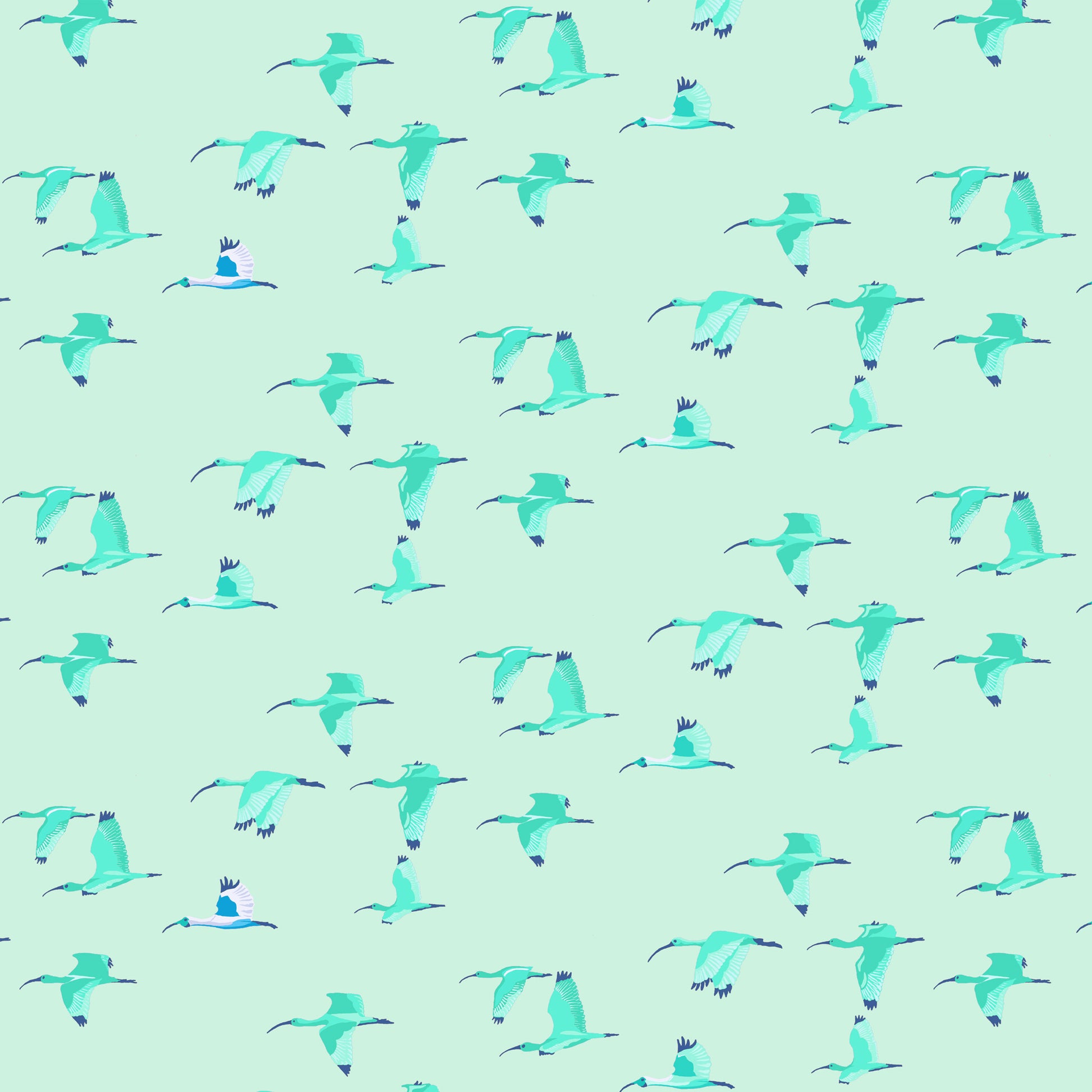 bright turquoise and blue ibis flying in the same direction on a bright aqua ground, printed on fabric