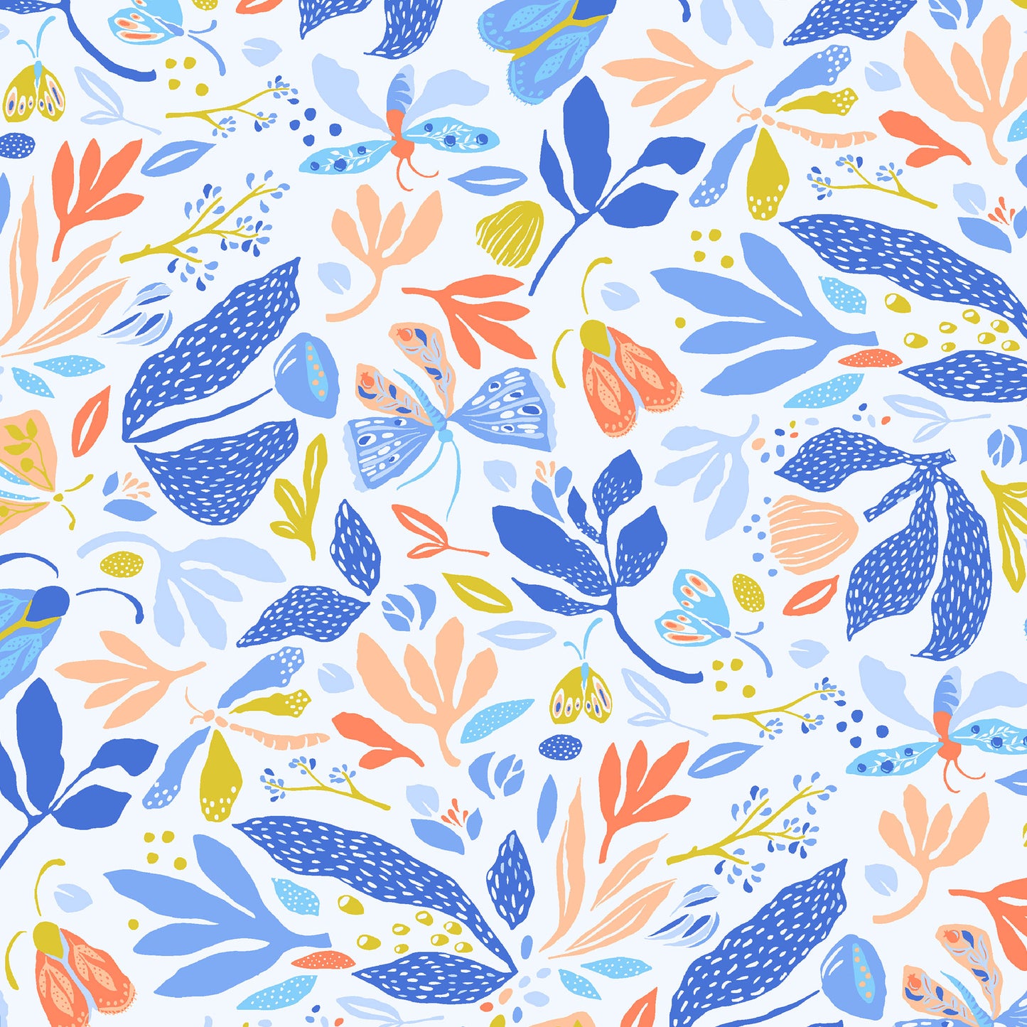 illustrated leaves, flowers and butterflies in cobalt blue, coral and gold, scattered on a very pale blue ground, printed on fabric