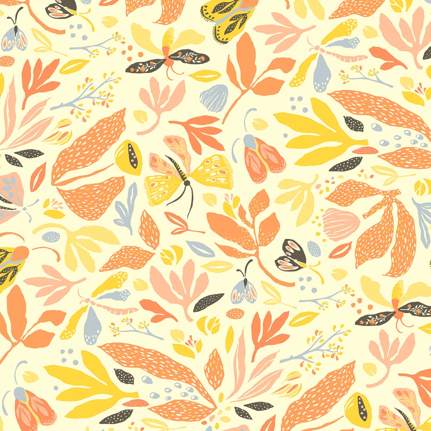 illustrated flowers, leaves and butterflies in yellows and oranges on a cream ground, printed on fabric