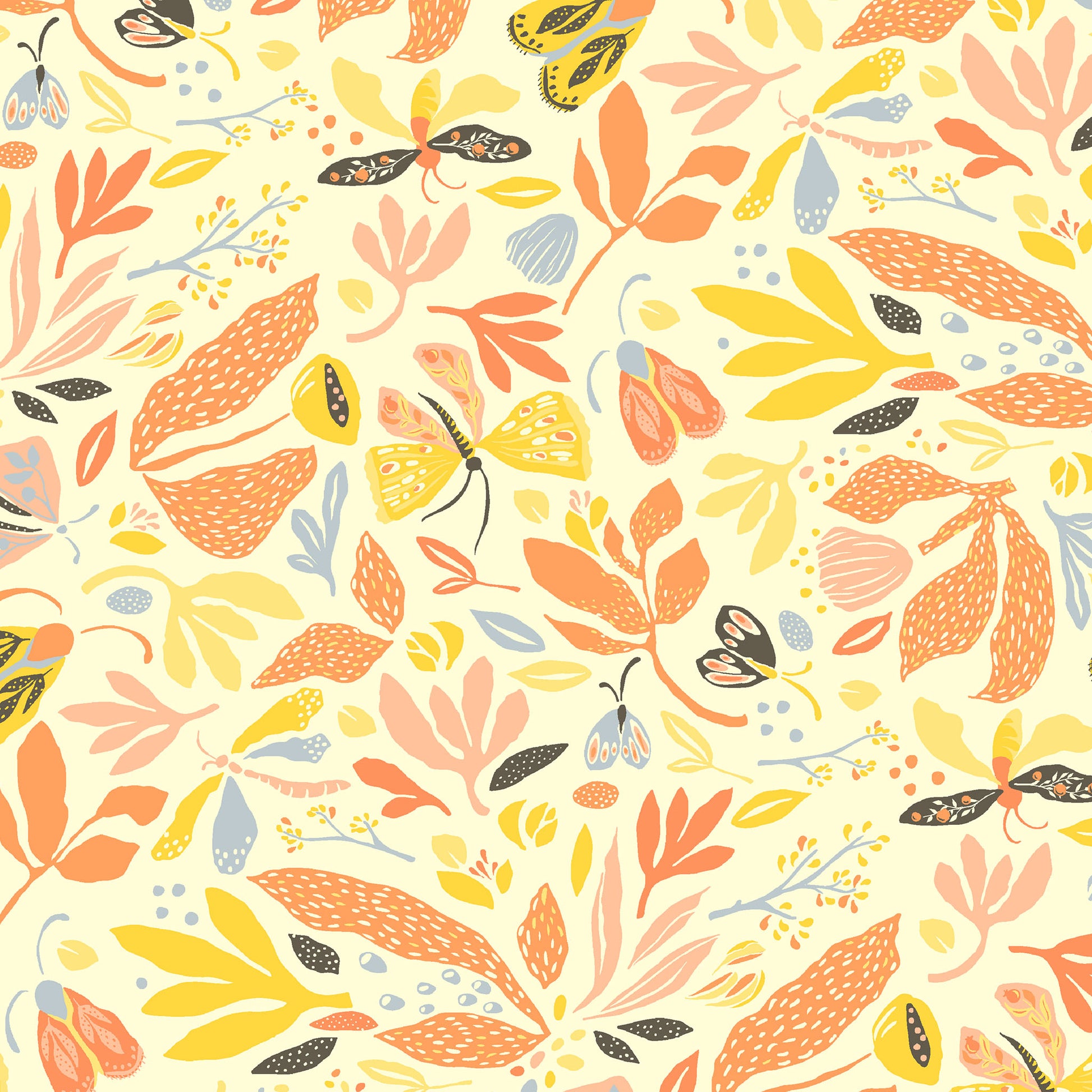 illustrated flowers, leaves and butterflies in yellows and oranges on a cream ground, printed on fabric