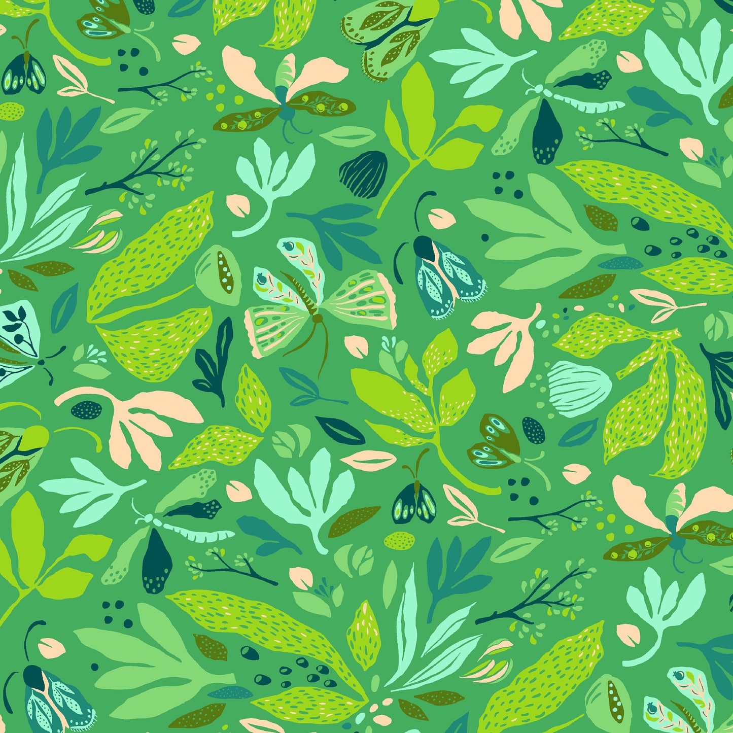 illustrated eaves, flowers and butterflies in bright green, light blue and pink on a jade ground, printed on fabric