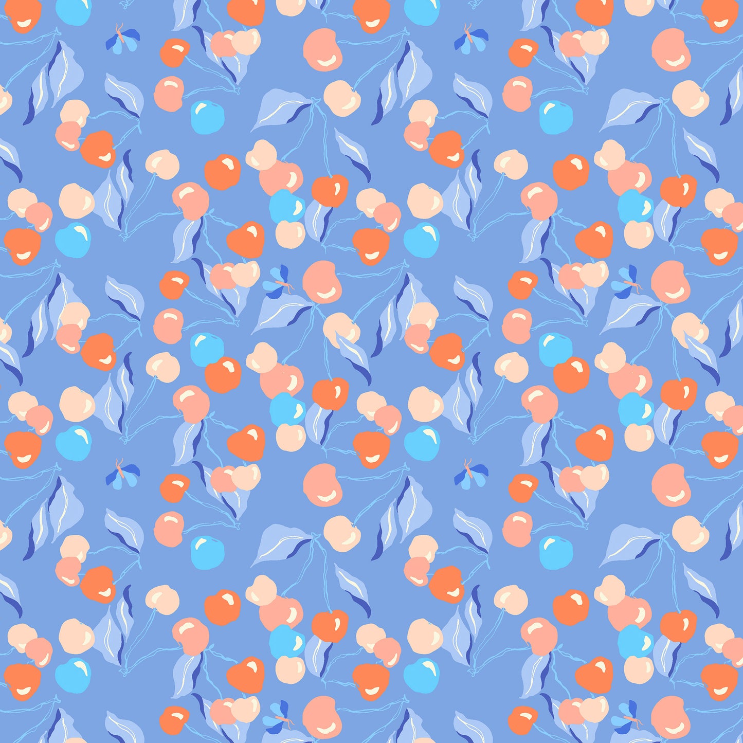 cherries and leaves in pinks, coral and blue on a sky blue ground, printed on fabric