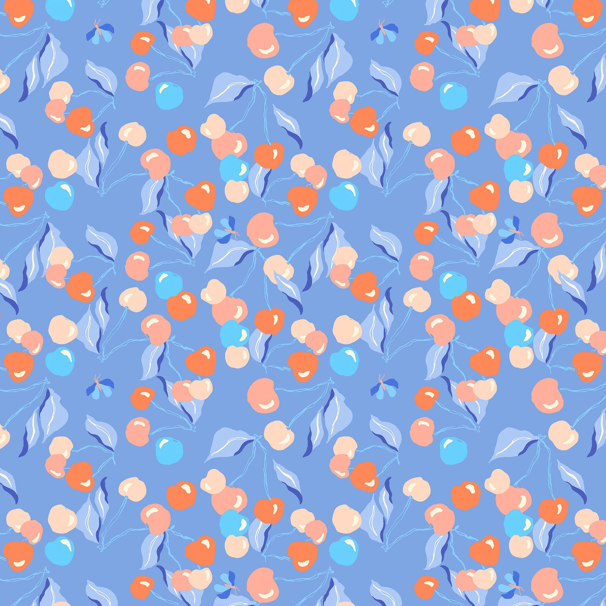 cherries and leaves in pinks, coral and blue on a sky blue ground, printed on fabric