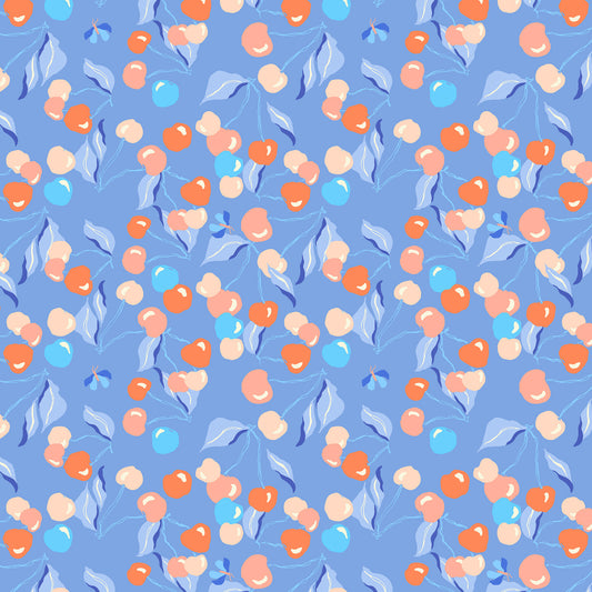 cherries and leaves in pinks, coral and blue on a sky blue ground, printed on fabric