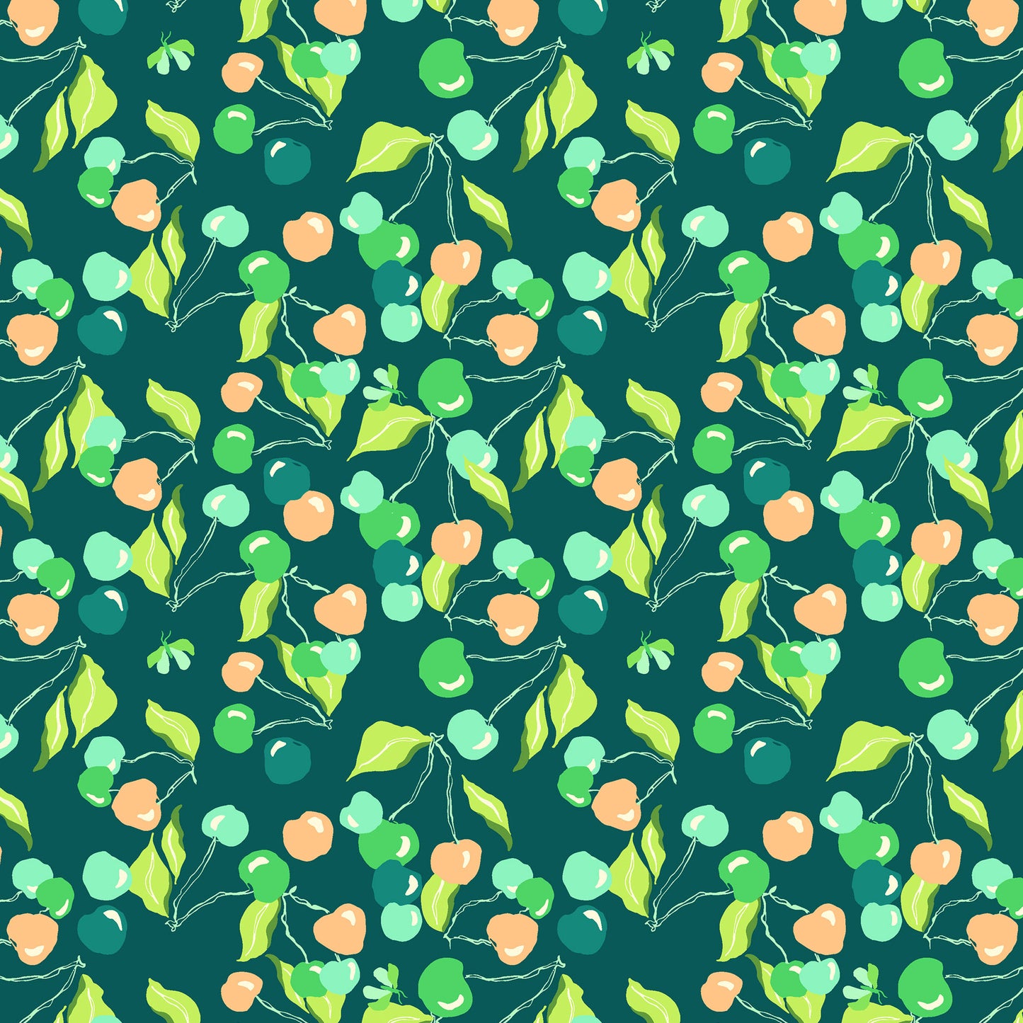 Cherries and leaves in green, turquoise and coral strewn on a dark teal ground, printed on fabric