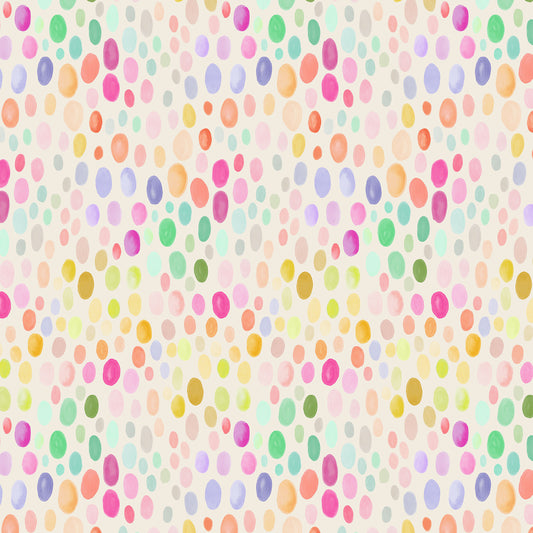 playful watercolour oval dots in a rainbow of colours on a creamy white ground, printed on fabric