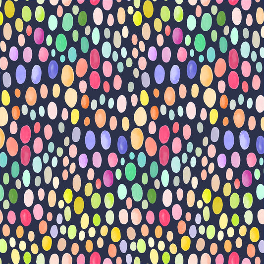 fabric of multicoloured ovals on a very dark blue ground