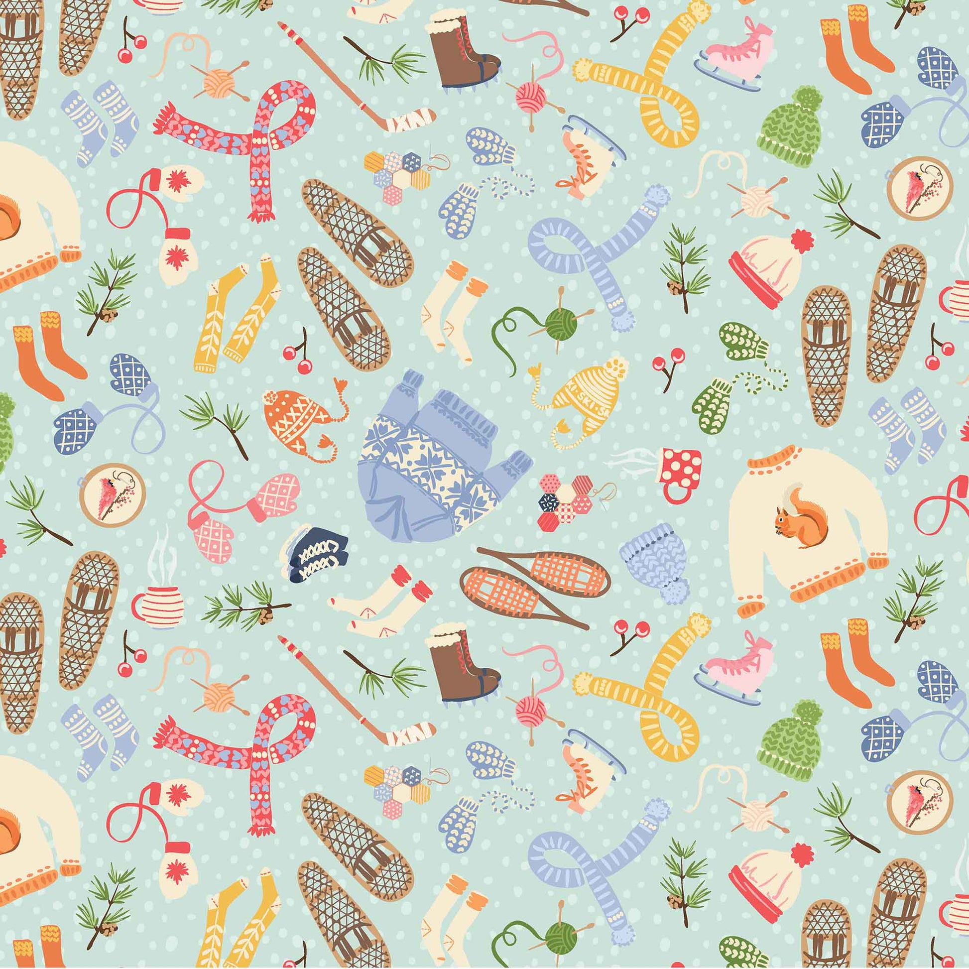 Colorful winter-themed pattern with items like scarves, gloves, and skates on a light blue background.