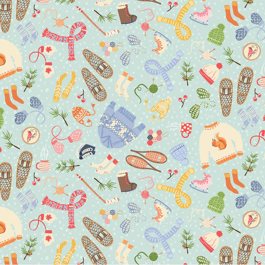 Colorful winter-themed pattern with items like scarves, gloves, and skates on a light blue background.