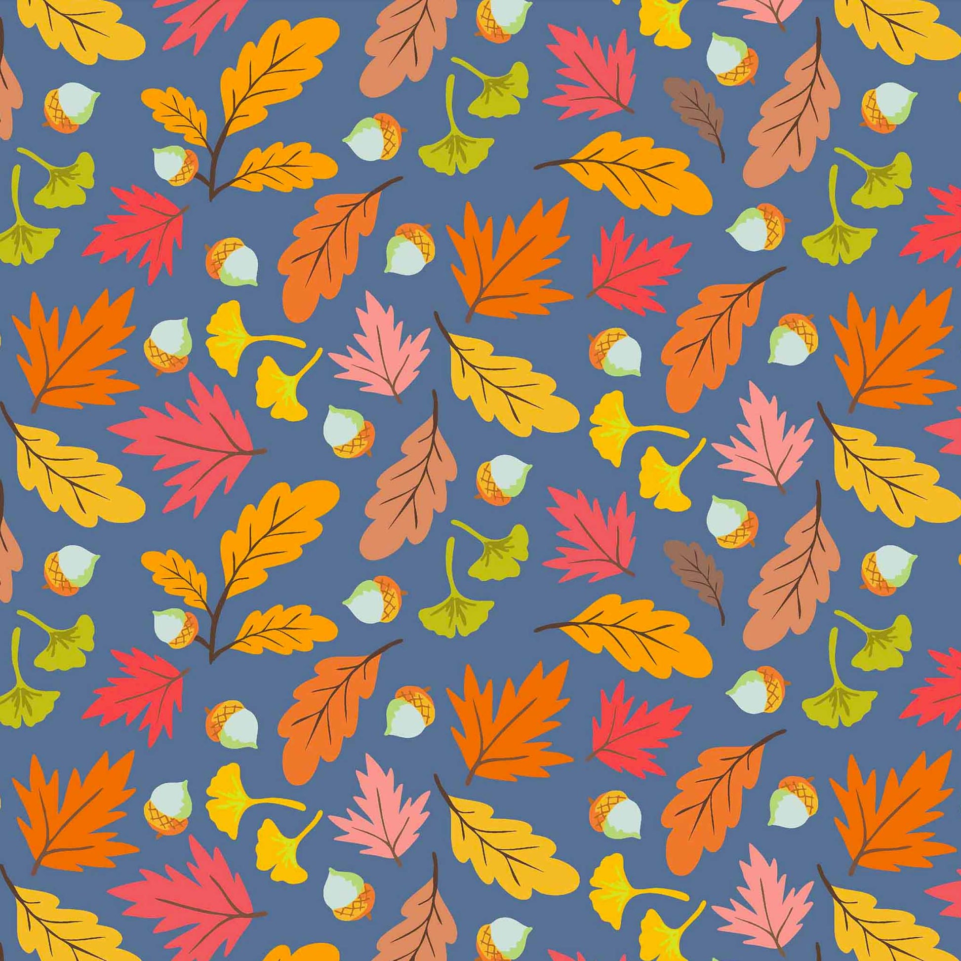 Pattern of colorful autumn leaves on a blue background