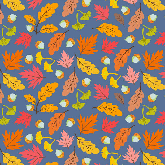 Pattern of colorful autumn leaves on a blue background