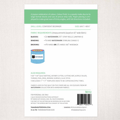 Back cover of a fabric pattern book with text and a barcode on a light gray background