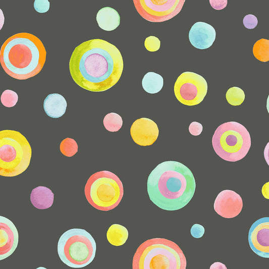 dark grey fabric with scattered watercolour, multicolour dots