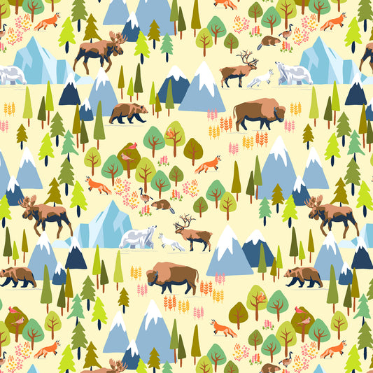 moose, buffalo, bears, foxes, mountains, iceberg on a cream ground, printed on fabric