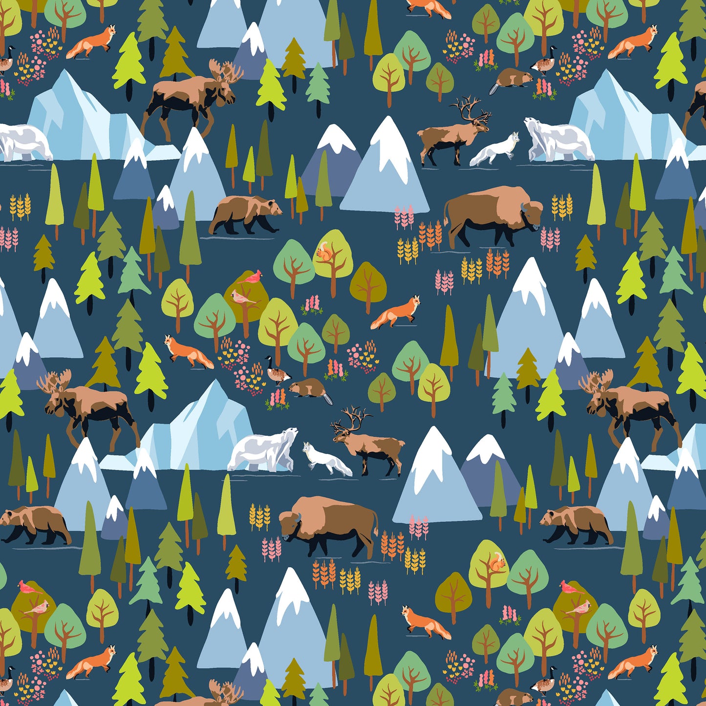 moose, foxes, bears, geese, mountains, icebergs on a dark blue ground, printed on fabric