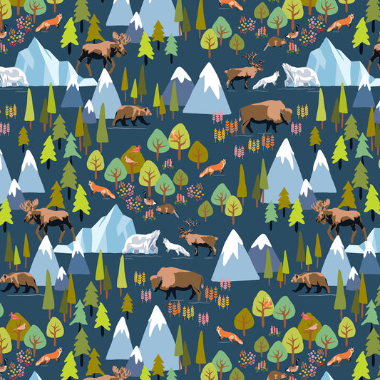 moose, foxes, bears, geese, mountains, icebergs on a dark blue ground, printed on fabric