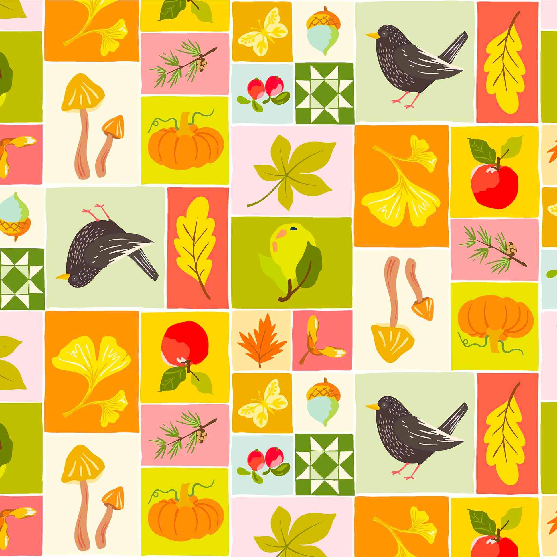 Colorful pattern of autumn-themed illustrations including leaves, pumpkins, and birds on a grid background.