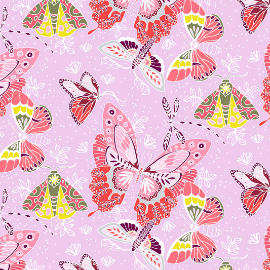 illustrated butterflies in ored, pink, olive green and pyellow scattered on a light lilac ground, printed on fabric