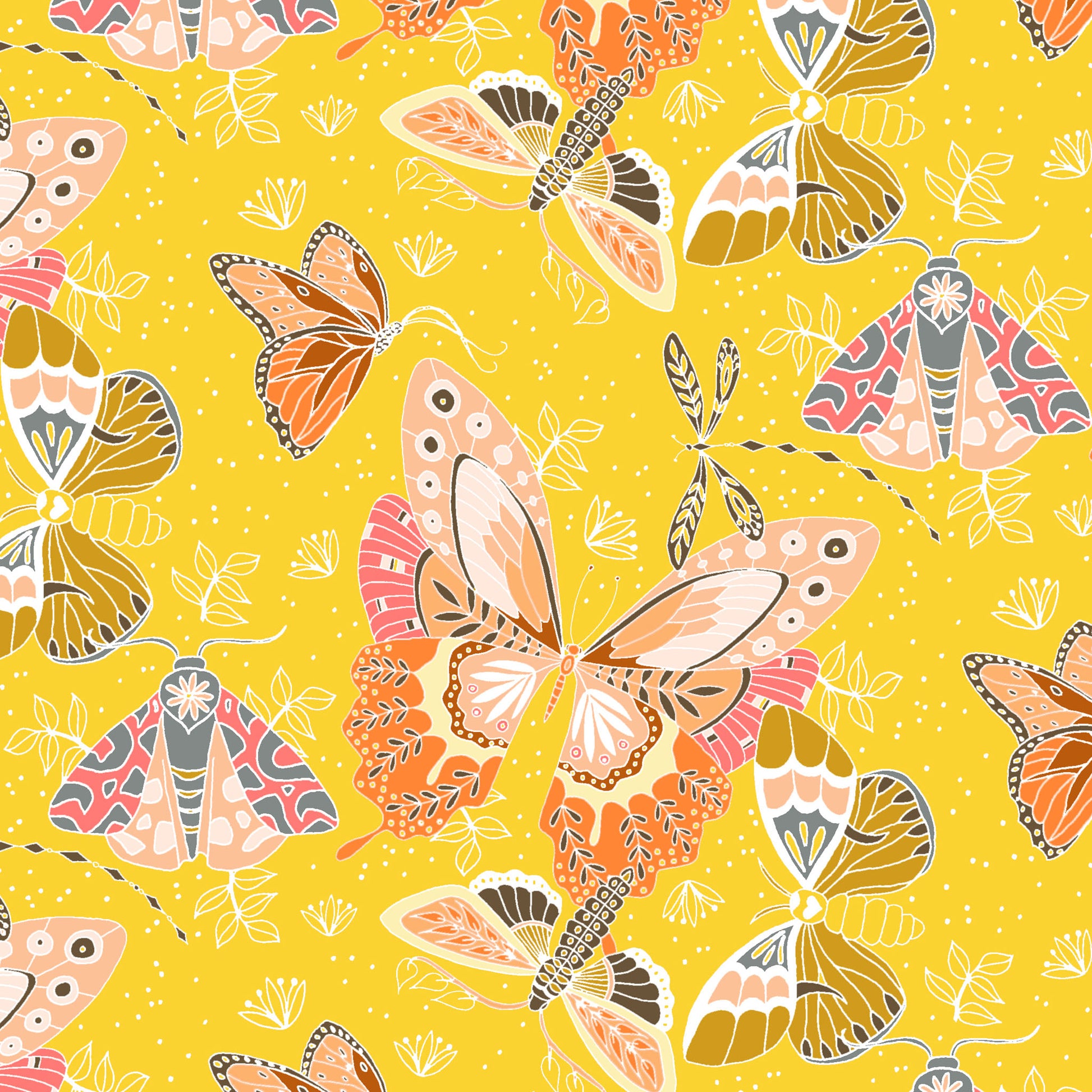 illustrated butterflies in orange, pink, grey and peach scattered on a yellow ground, printed on fabric