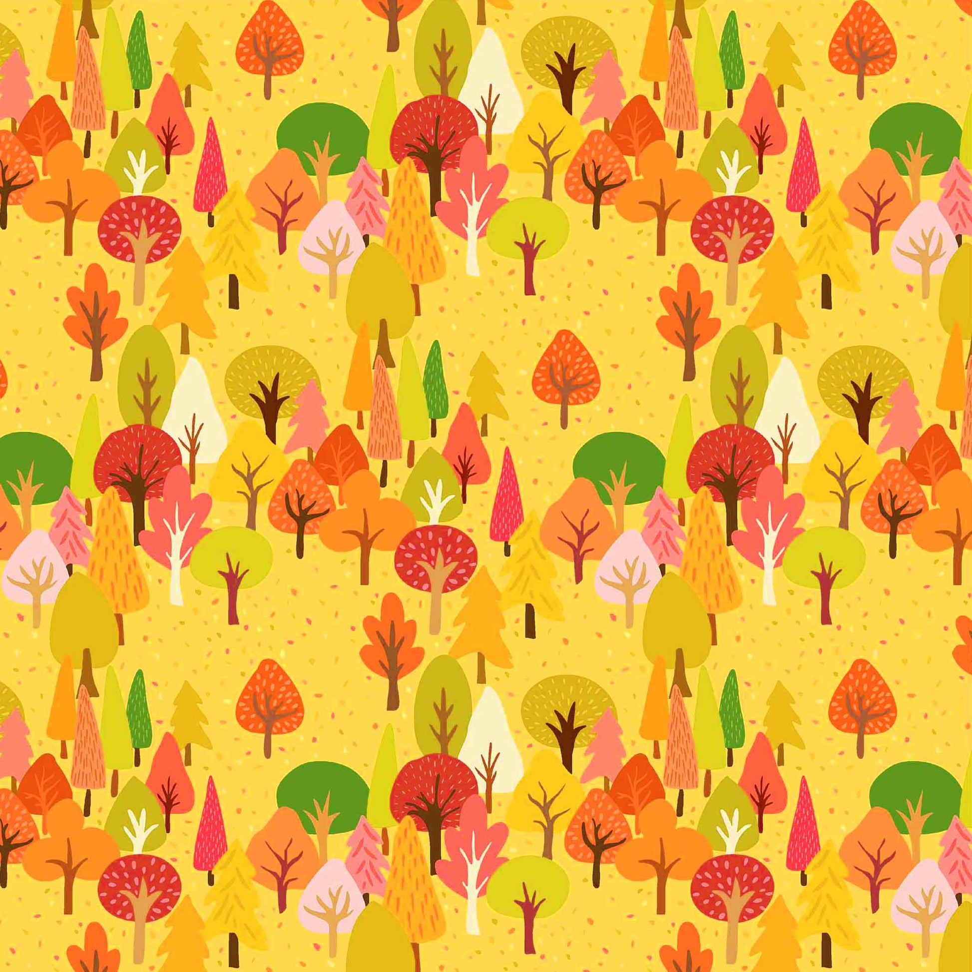 Pattern of colorful trees on a yellow background