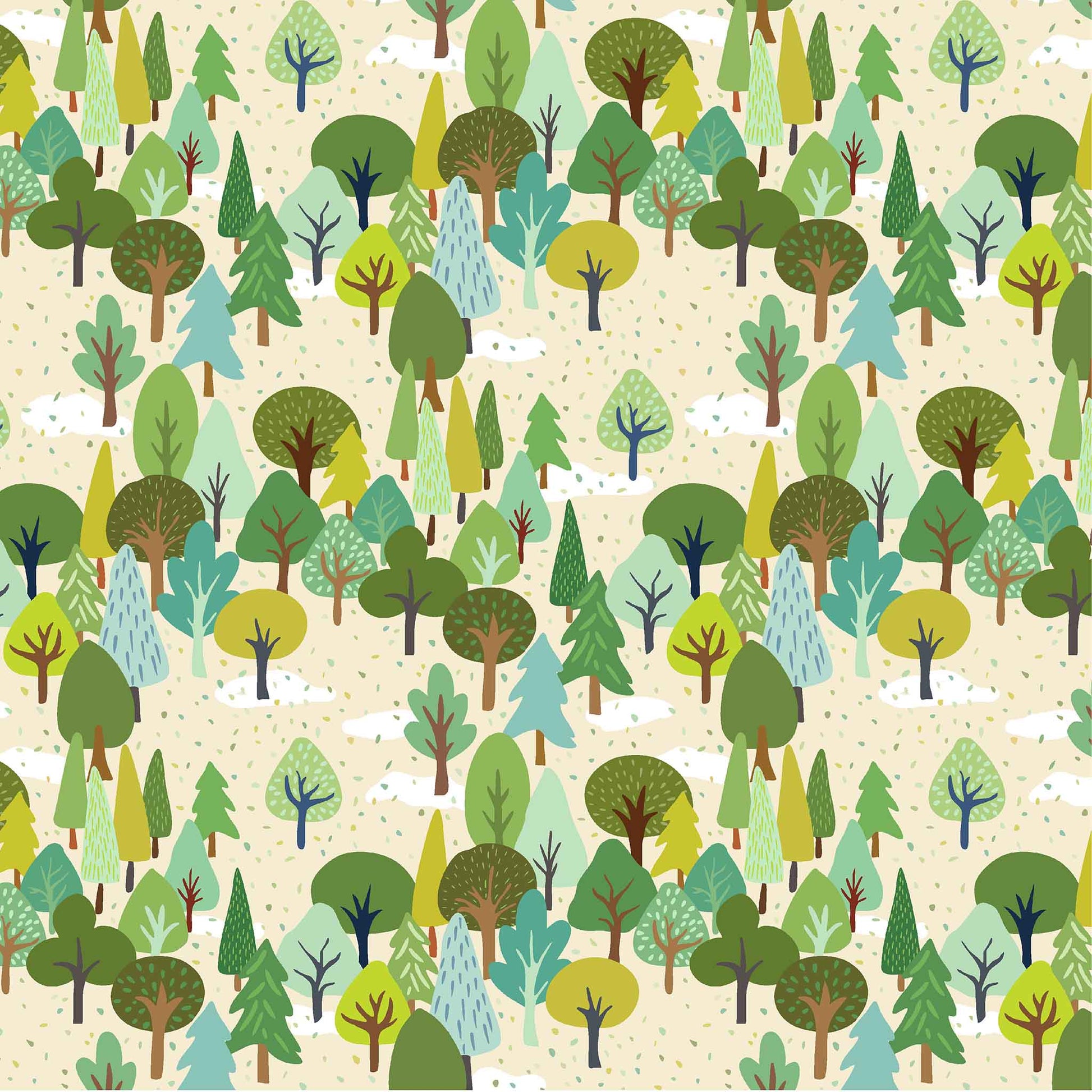 Pattern of stylized trees in various greens on a beige background