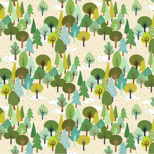 Pattern of stylized trees in various greens on a beige background