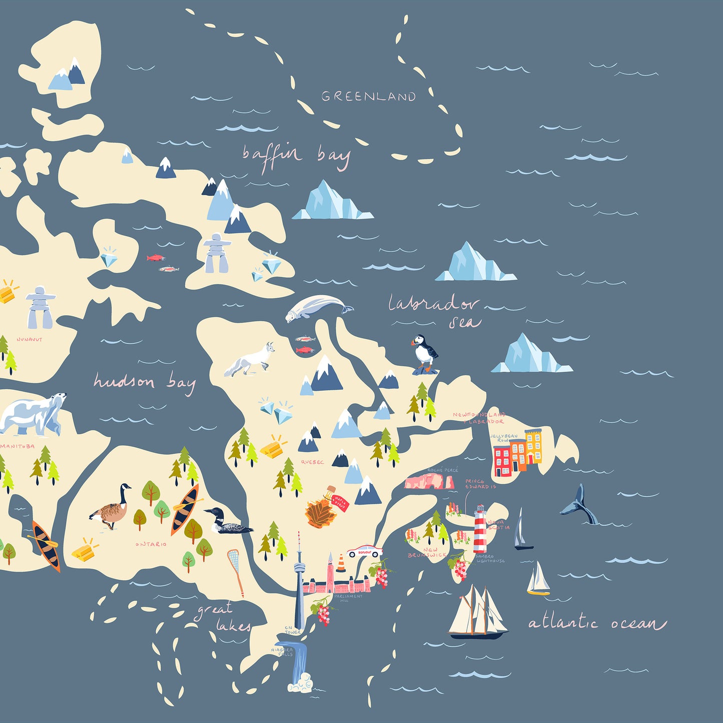 an illustrated map of canada on fabric with a blue background