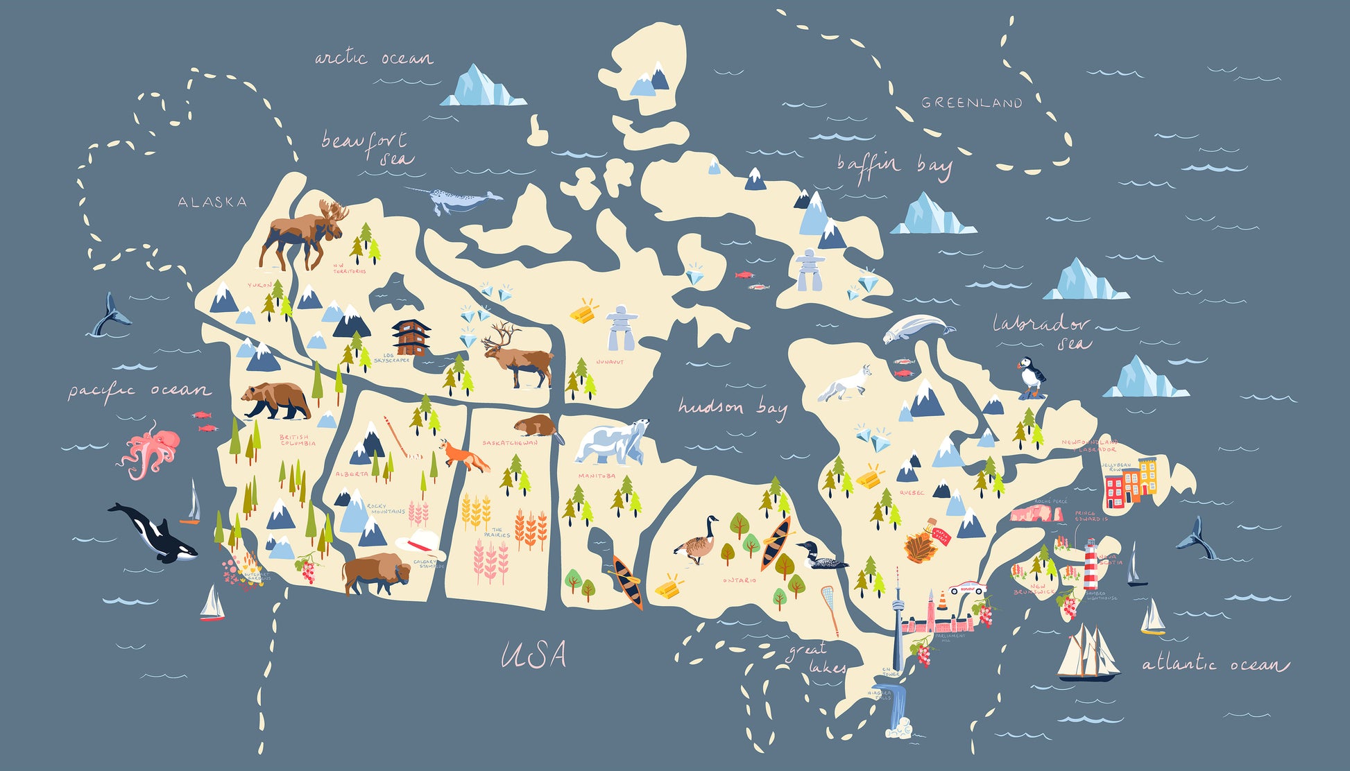 an illustrated map of canada printed on fabric with a blue background