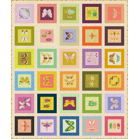 Quilt with colorful squares featuring butterfly illustrations on a beige background