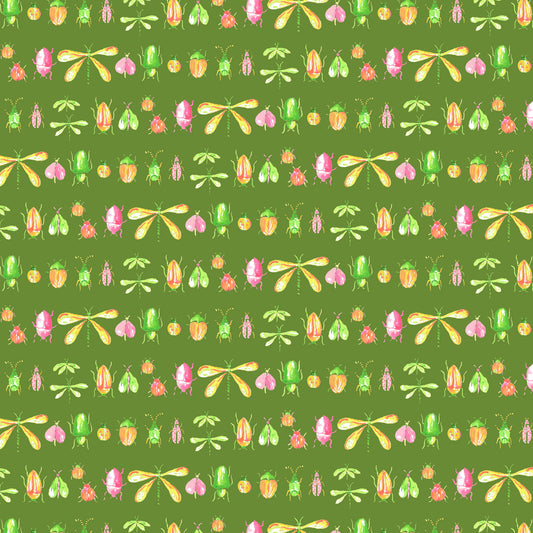 Rows of little watercoloured insects in yellows, greens and pinks on a medium-dark green ground, printed on fabric