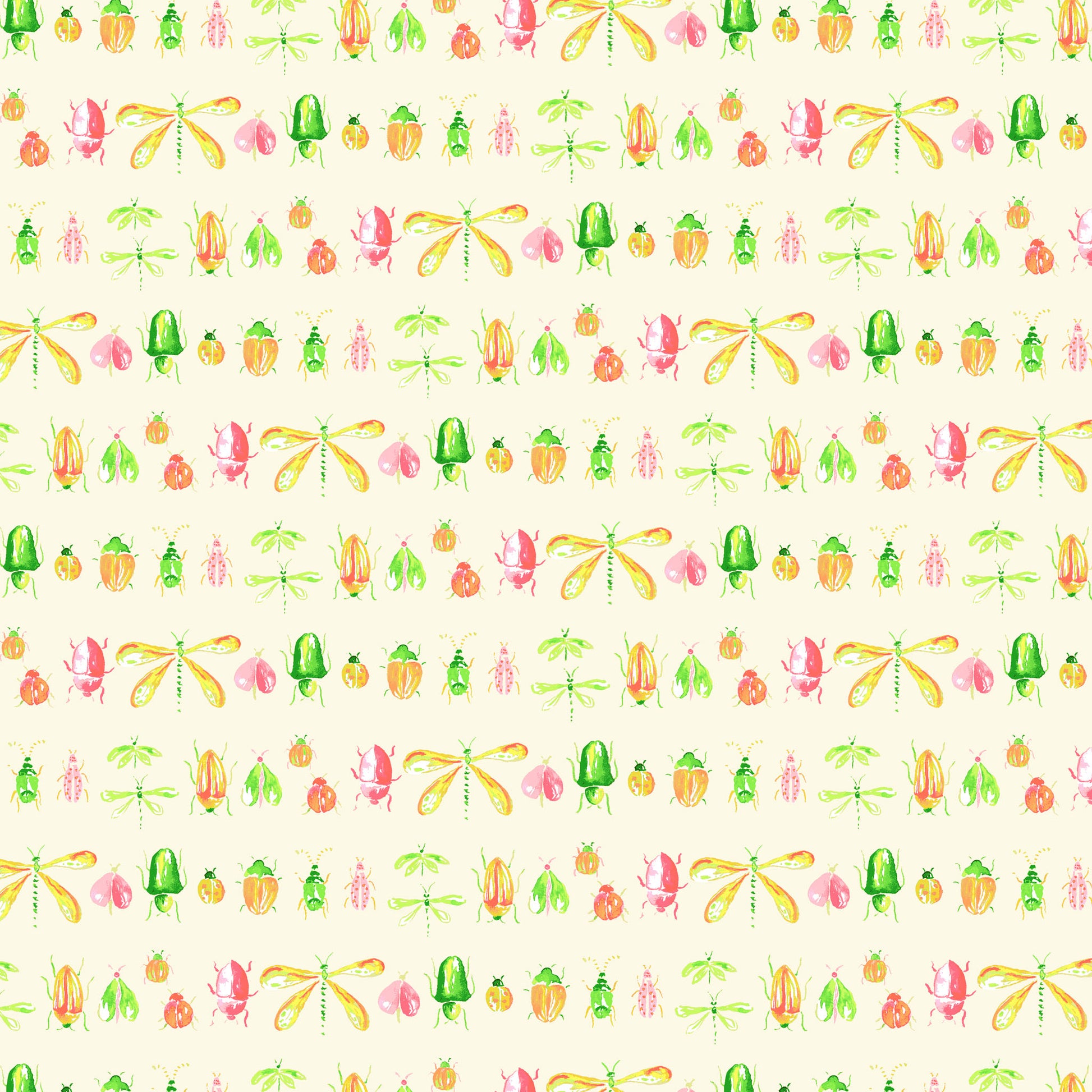 Rows of little watercoloured insects in yellows, greens and pinks on a cream ground, printed on fabric