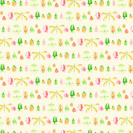 Rows of little watercoloured insects in yellows, greens and pinks on a cream ground, printed on fabric