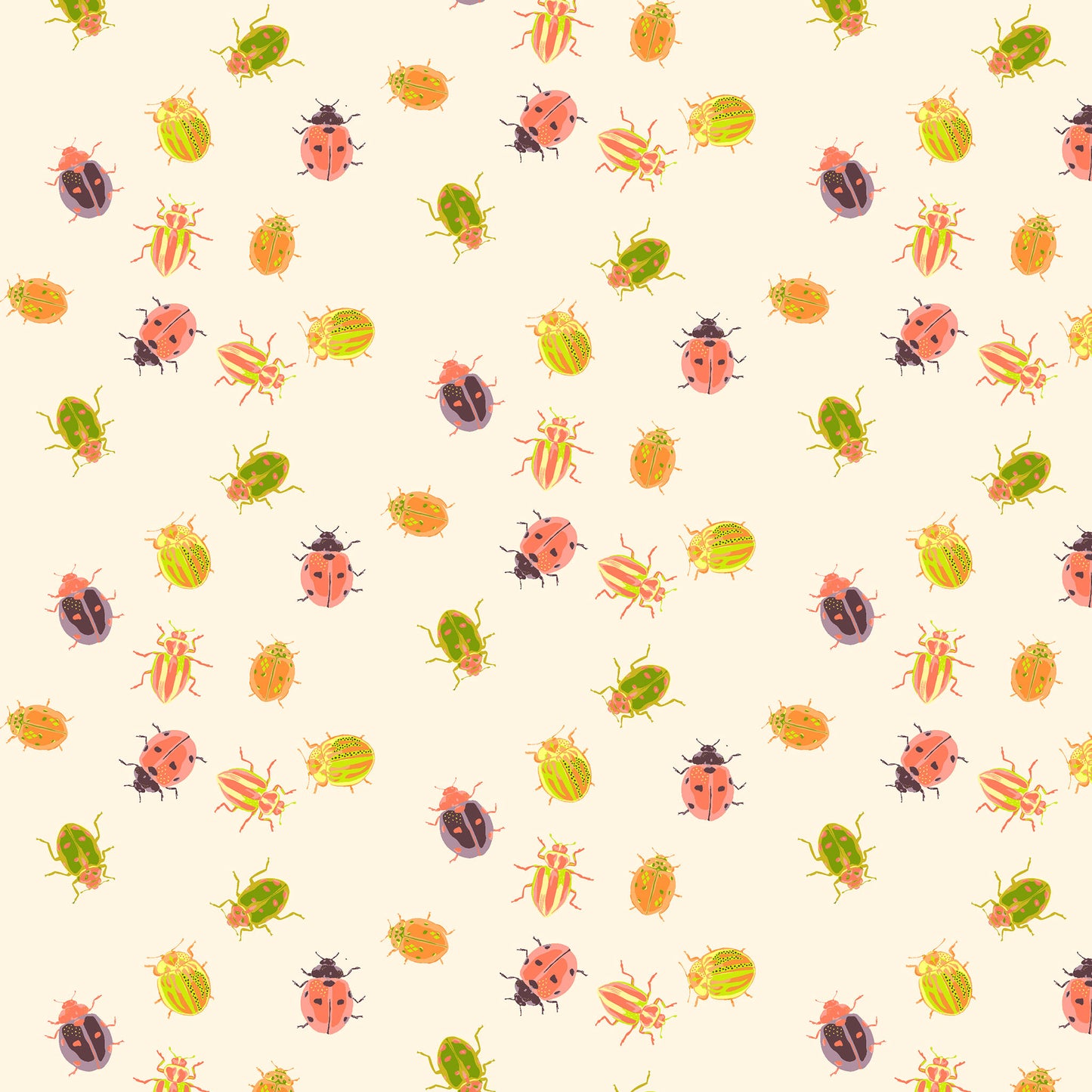 coral, orange and bright green beetles and ladybugs on a cream ground, printed on fabric