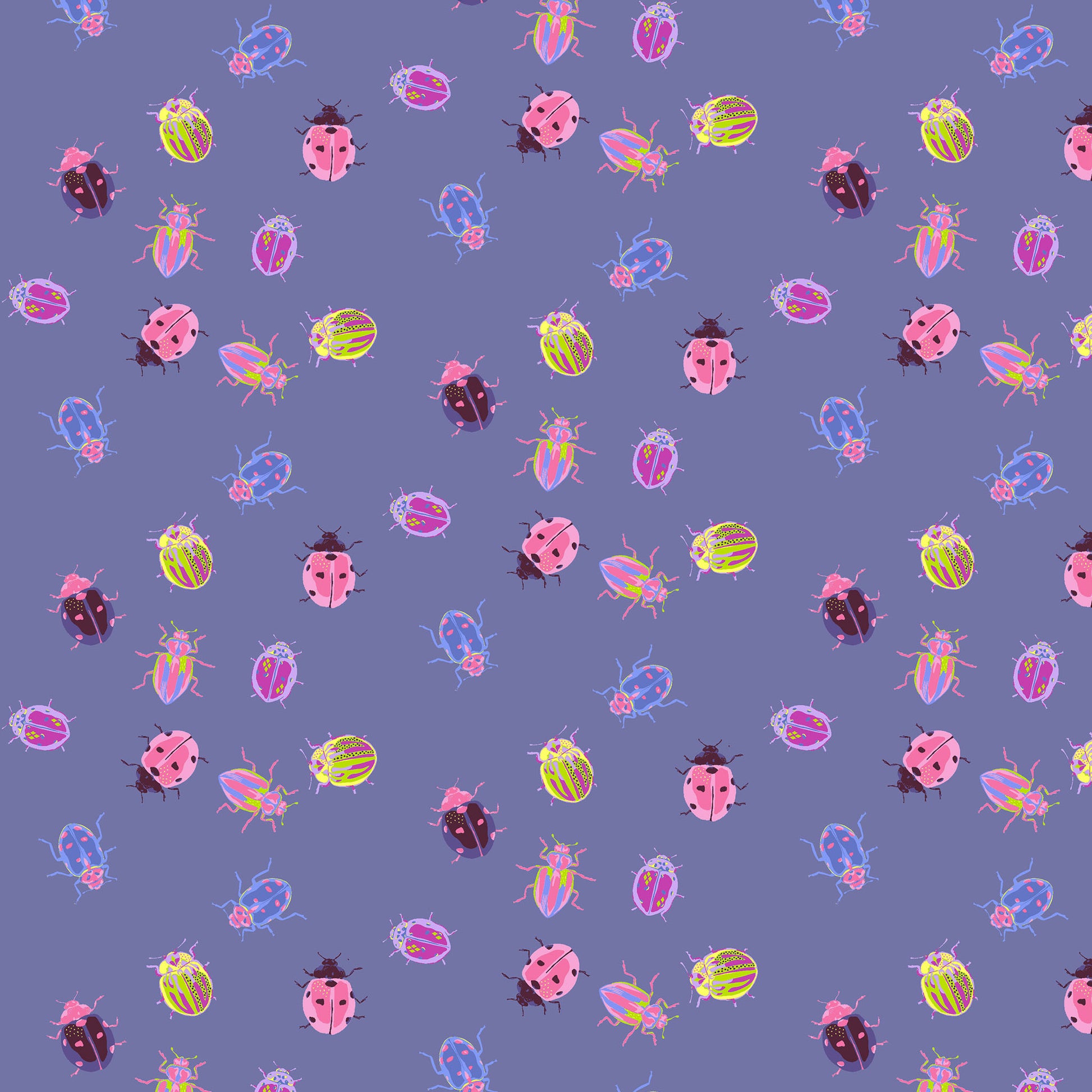 pink, blue and bright green beetles and ladybugs on a purple-blue ground, printed on fabric