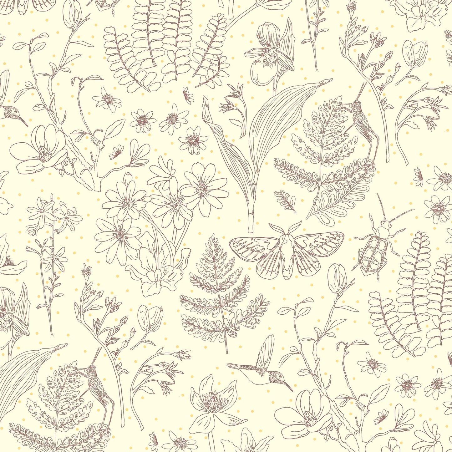 a line drawing of garden elements in dark brown on a cream ground with tiny gold dots, printed on fabric