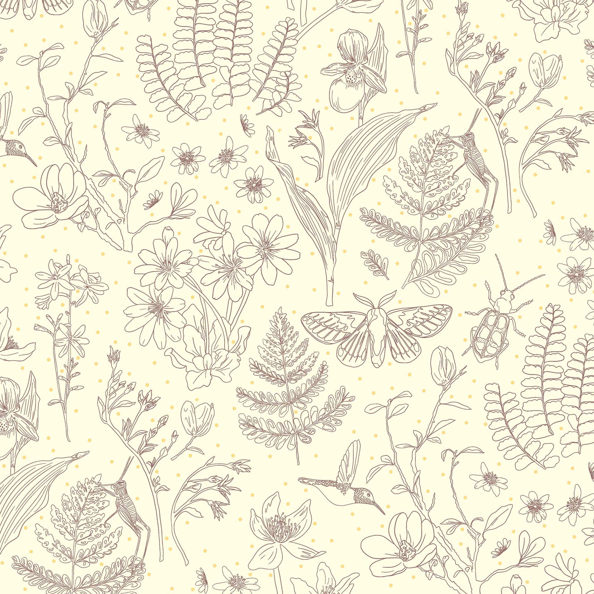 a line drawing of garden elements in dark brown on a cream ground with tiny gold dots, printed on fabric