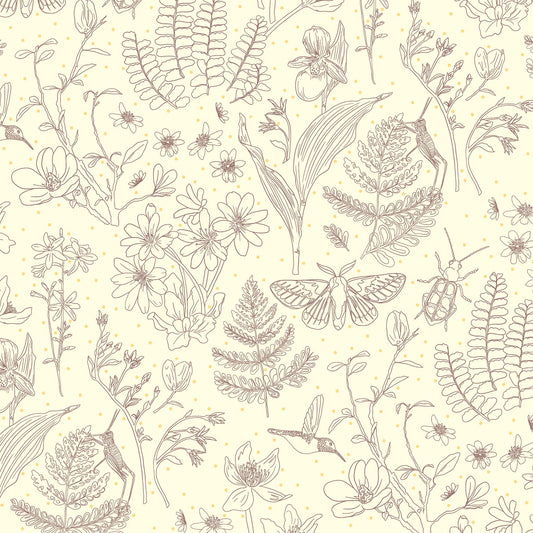 a line drawing of garden elements in dark brown on a cream ground with tiny gold dots, printed on fabric